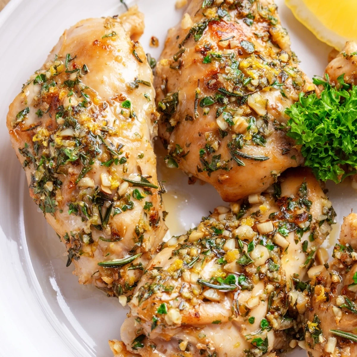 Steaming savory garlic herb chicken drizzled with pan juices beside roasted vegetables