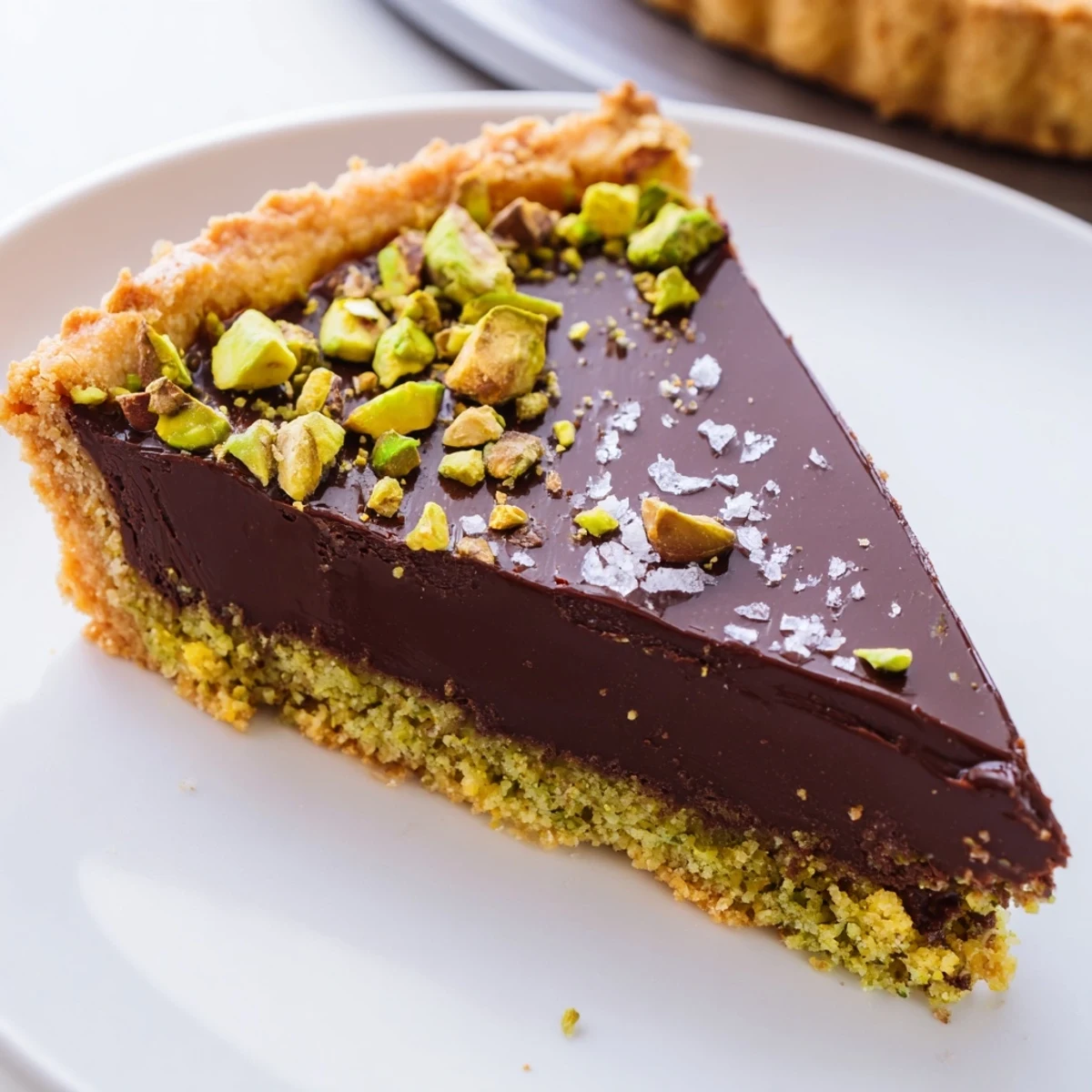 Dark Chocolate Pistachio Tart topped with crushed nuts and flaky sea salt on a rustic plate