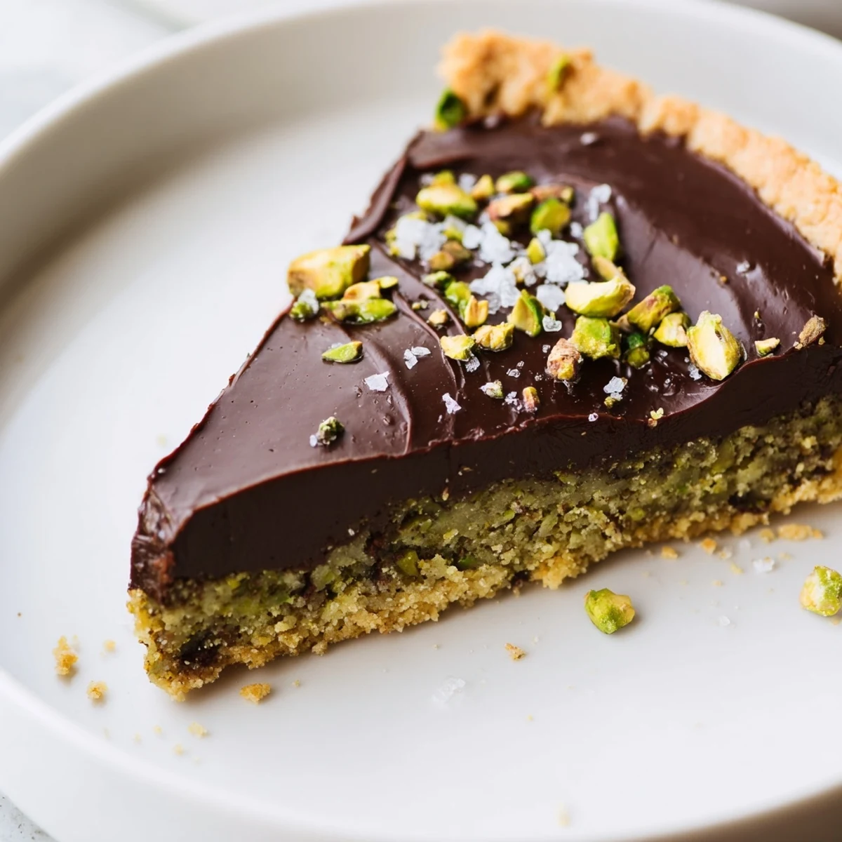Silky dark chocolate ganache fills a golden pistachio crust in this elegant Dark Chocolate Pistachio Tart