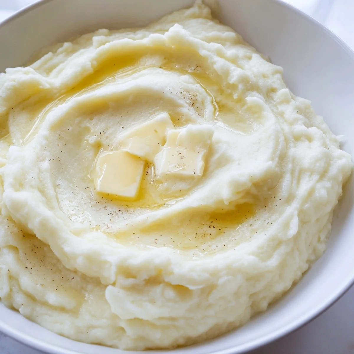 Creamy velvety mashed potatoes piped into golden mounds with melted butter pooling on top