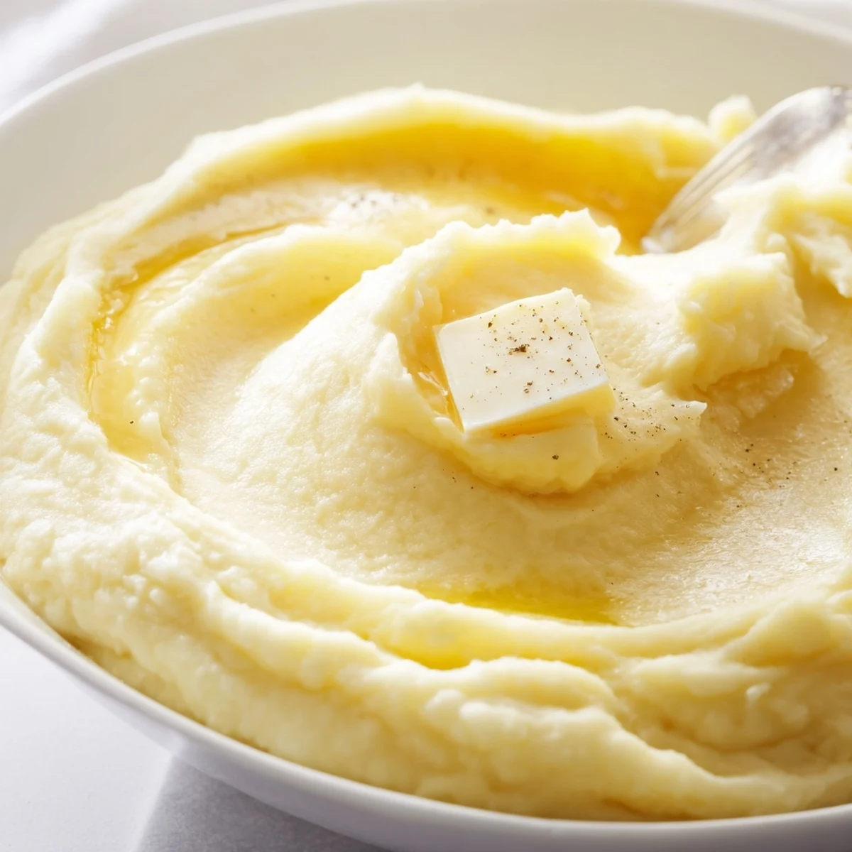 Silky velvety mashed potatoes served in a rustic bowl beside golden roast chicken