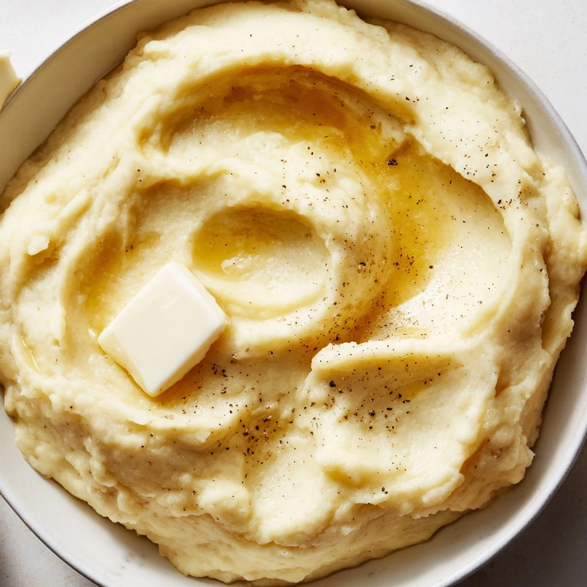 Fluffy velvety mashed potatoes garnished with cracked black pepper and a pat of melting butter