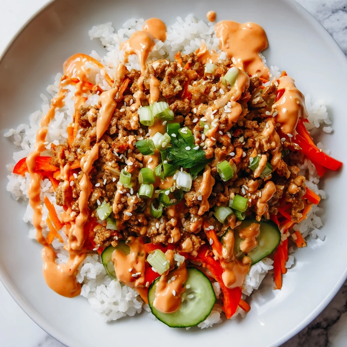 Hearty ground turkey rice bowls drizzled with spicy creamy Bang Bang sauce
