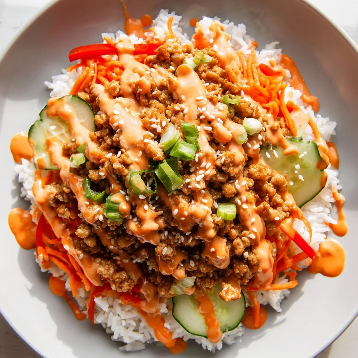 Colorful ground turkey rice bowls topped with crisp veggies and spicy sauce