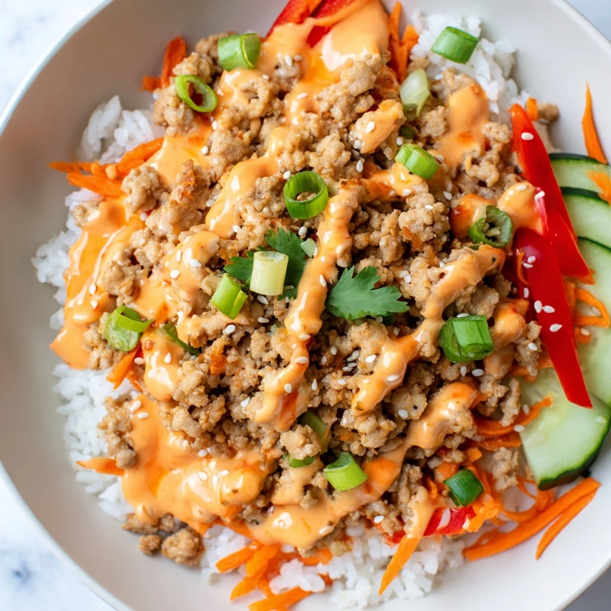 Savory ground turkey rice bowls with vibrant vegetables and creamy Bang Bang drizzle