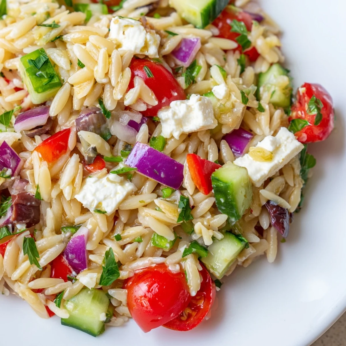 Close-up of Mediterranean orzo pasta salad tossed with crisp cucumbers and tangy lemon dressing