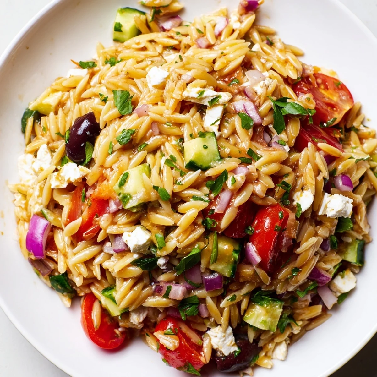 Creamy feta and Kalamata olives scattered over Mediterranean orzo pasta salad on a sunny table