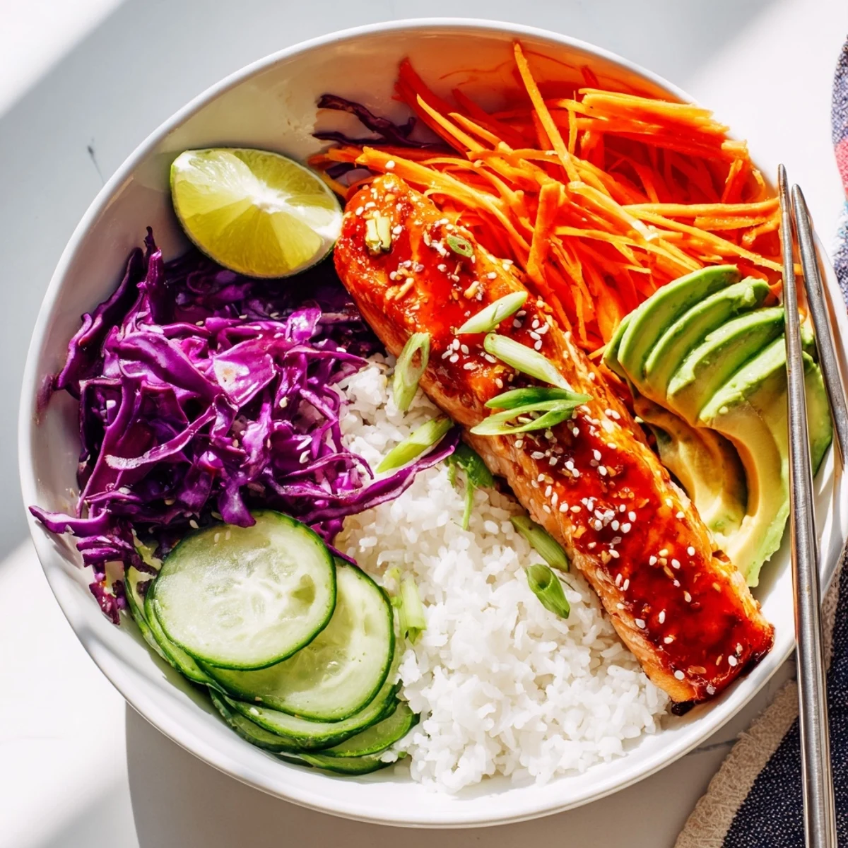 Glossy Sriracha Honey Glazed Salmon Bowls with vibrant veggies over steamed jasmine rice