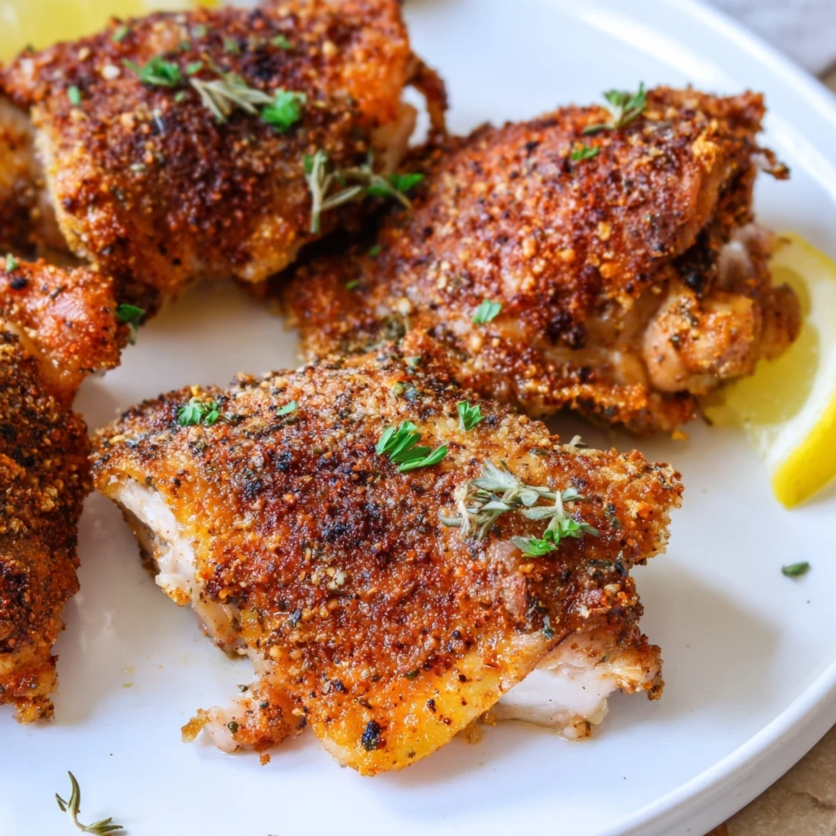 Crispy oven baked chicken thighs with golden herb-crusted skin on a parchment-lined baking sheet.