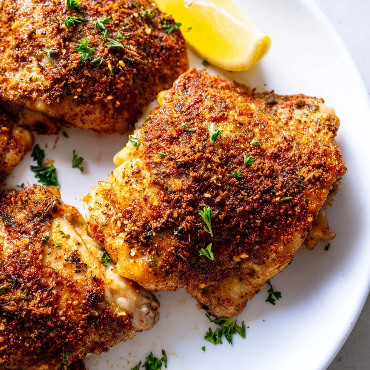 Juicy oven baked chicken thighs garnished with fresh parsley and served alongside lemon wedges.