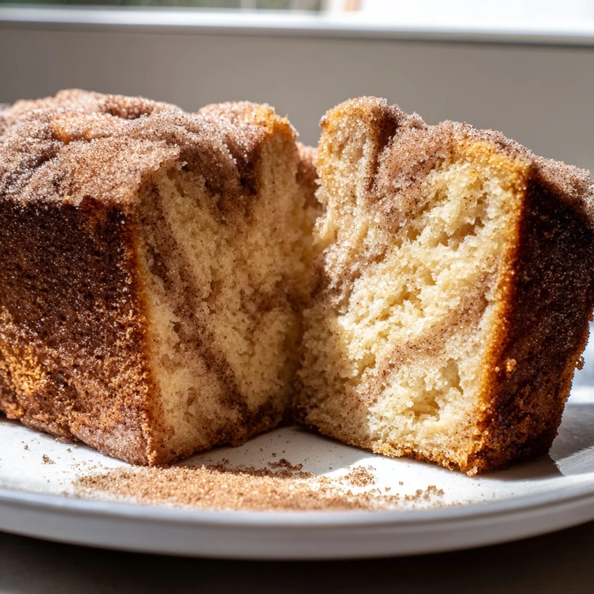 Warm cinnamon donut loaf sliced thick with a golden cinnamon sugar crust