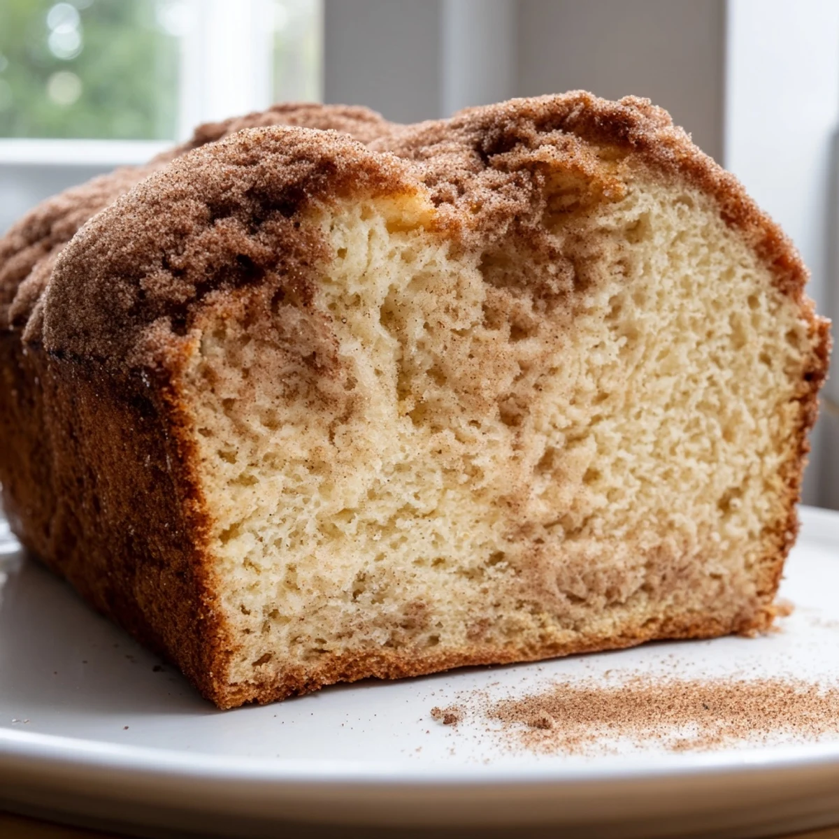 Cinnamon donut loaf dusted with sparkling sugar beside a coffee mug