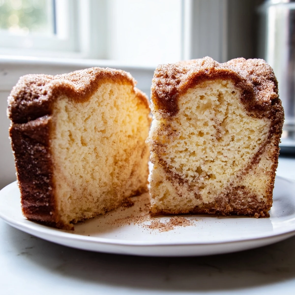 Moist cinnamon donut loaf fresh from the oven with buttery crumb