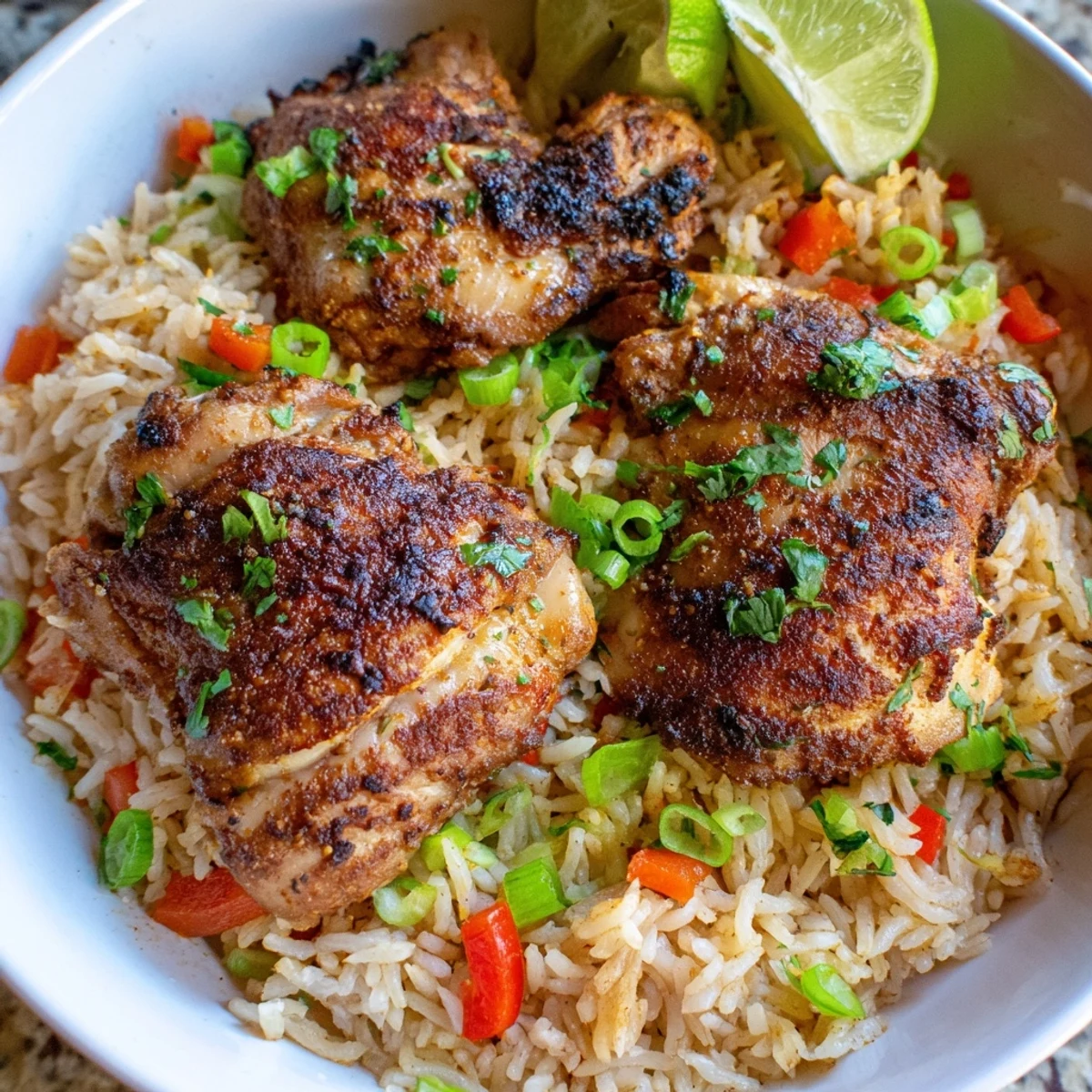 Golden jerk chicken thighs nestled in fragrant spiced rice with colorful bell peppers