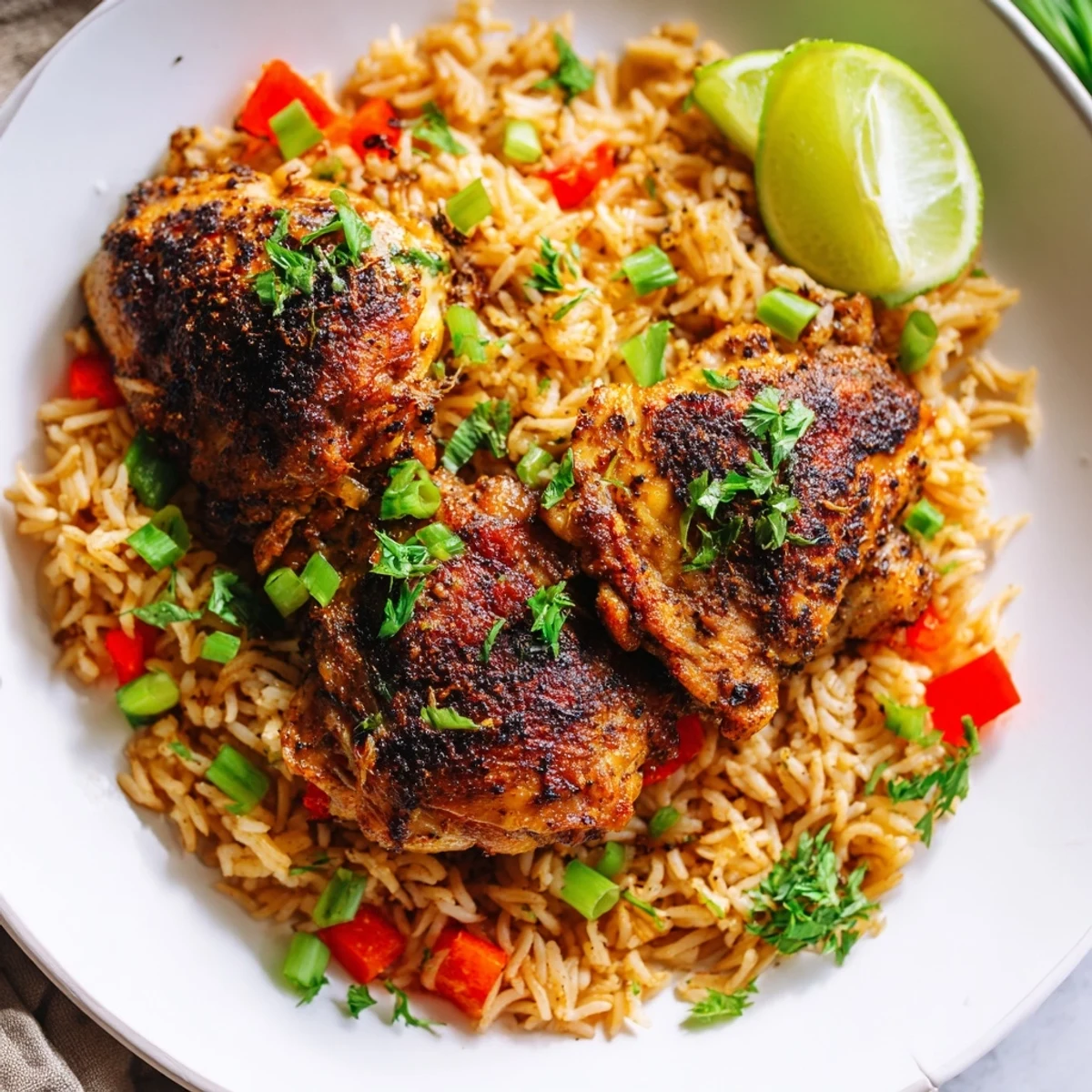 Spicy jerk chicken rice topped with fresh herbs and bright lime wedges