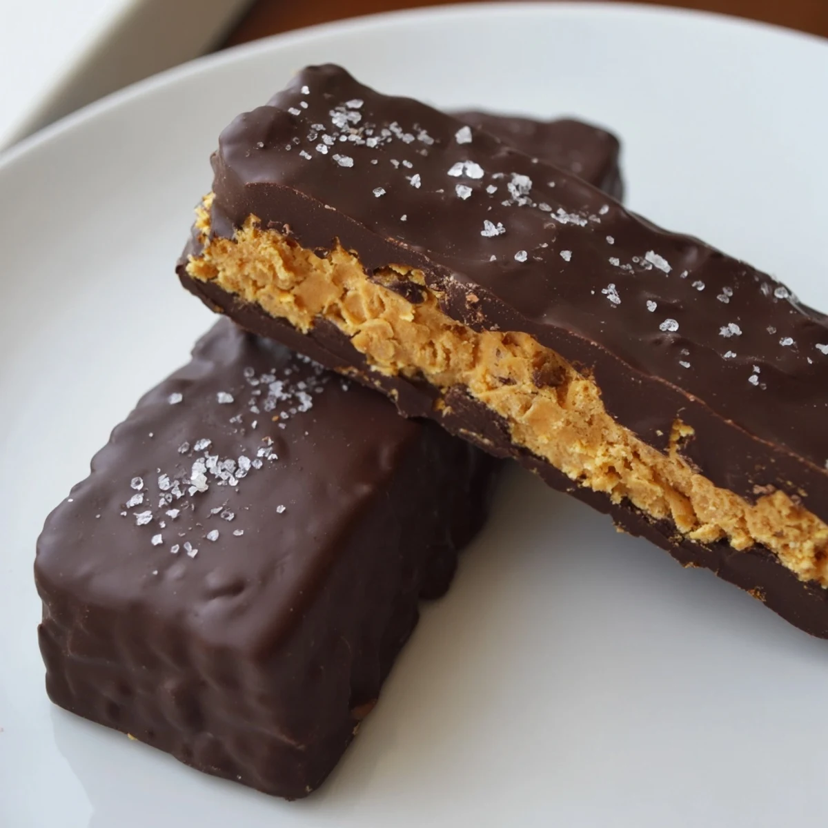 Healthy Homemade Butterfingers dipped in glossy dark chocolate on a rustic wooden cutting board