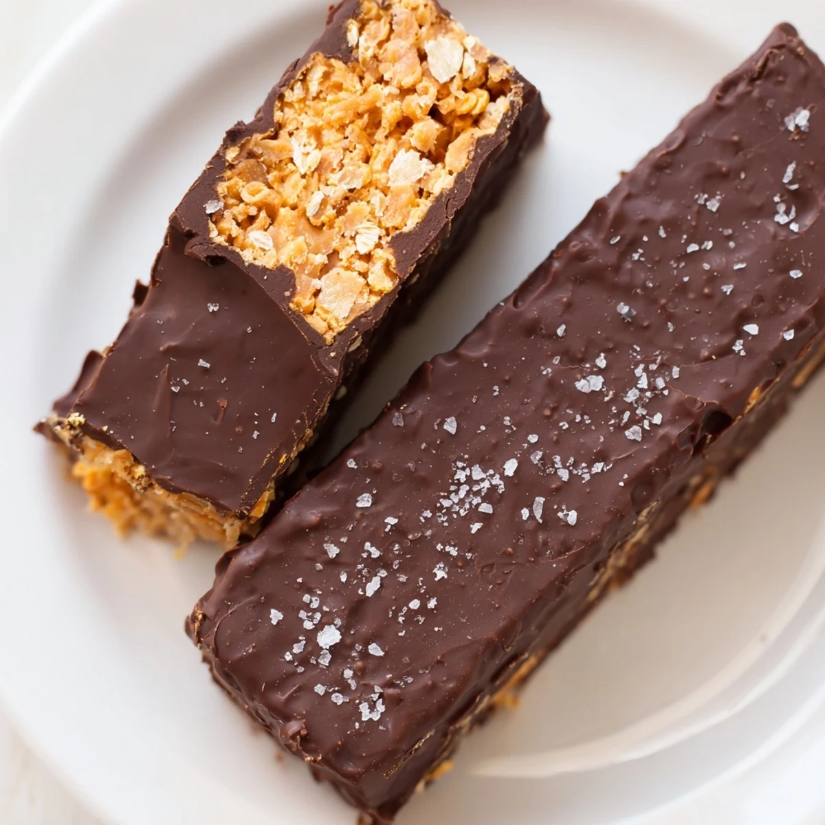 Golden peanut butter center of Healthy Homemade Butterfingers coated in rich dark chocolate shell