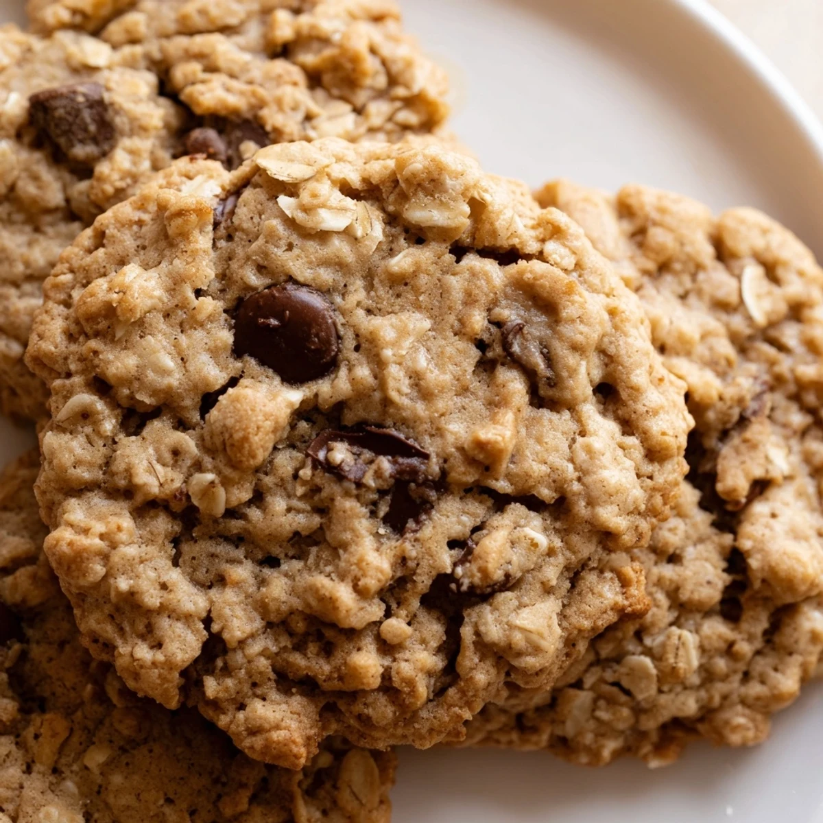 Golden chewy banana oatmeal cookies with visible oats on a rustic baking sheet