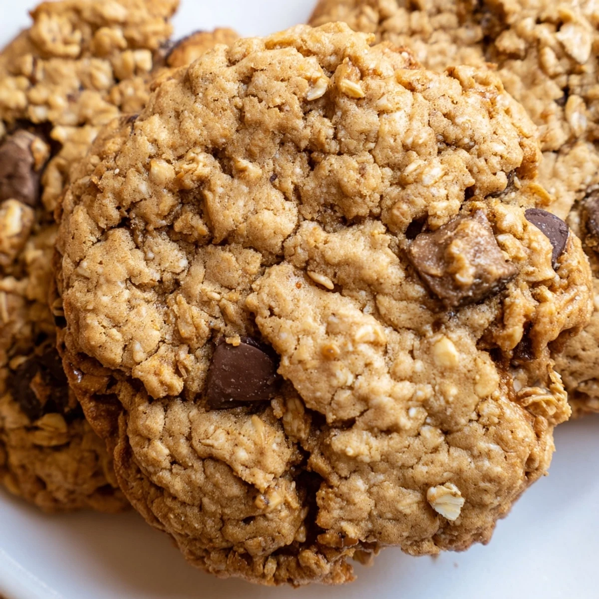 Thick chewy banana oatmeal cookies with chocolate chips arranged on a white plate