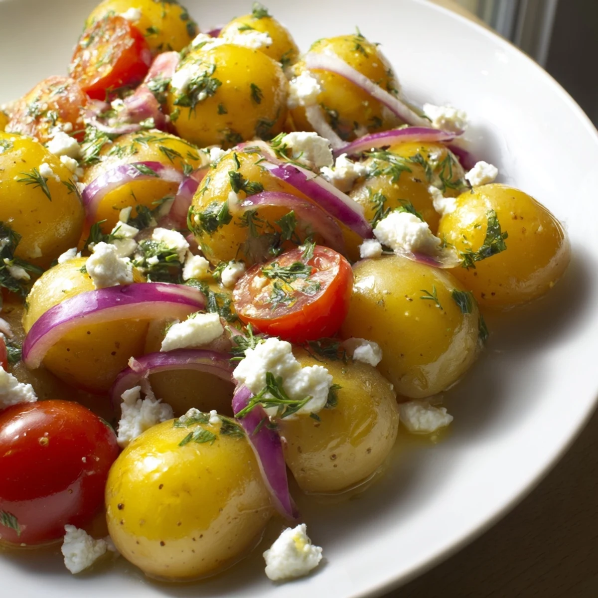 Creamy potato and feta salad garnished with fresh dill and cherry tomatoes