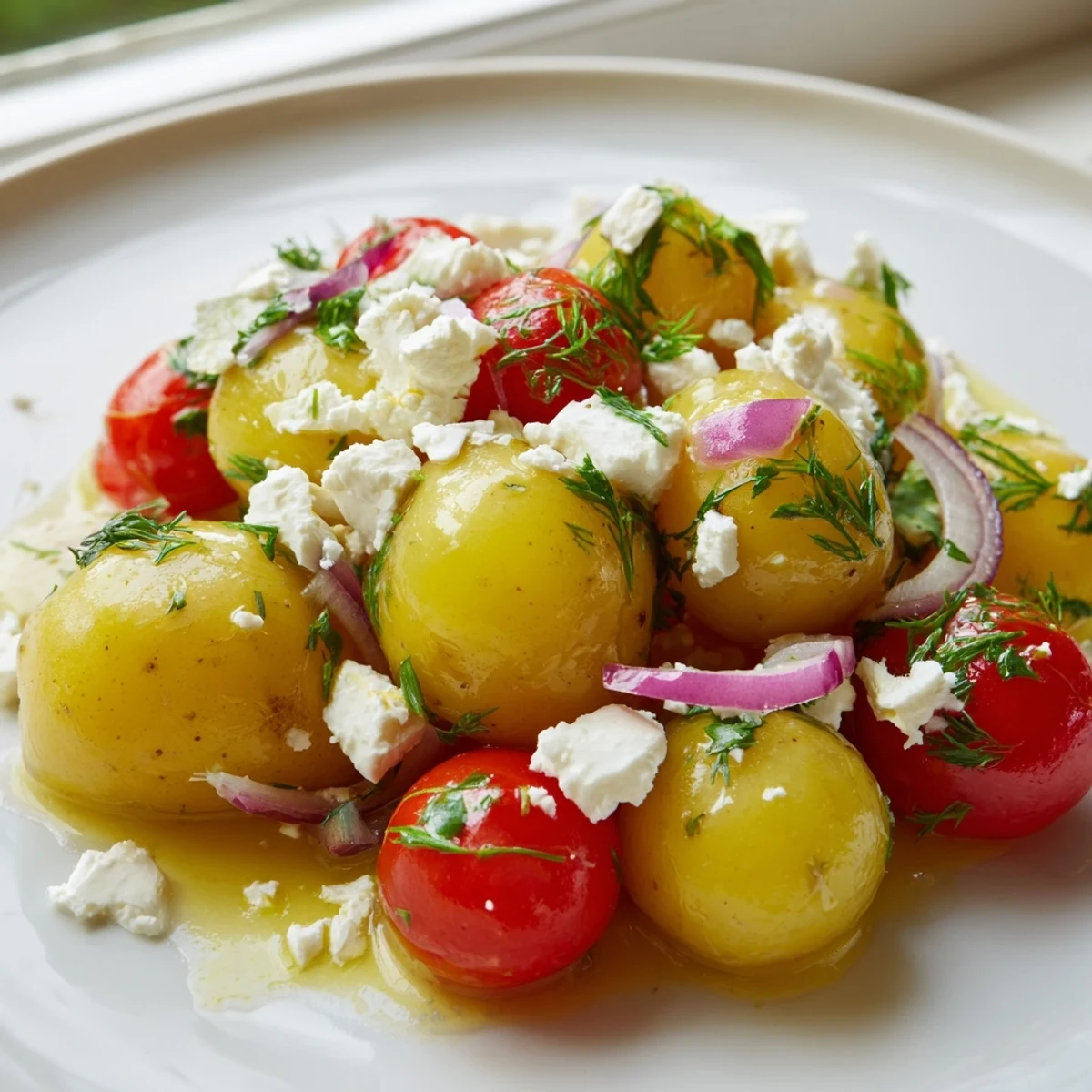 Golden tender potatoes topped with crumbled feta cheese and bright herbs
