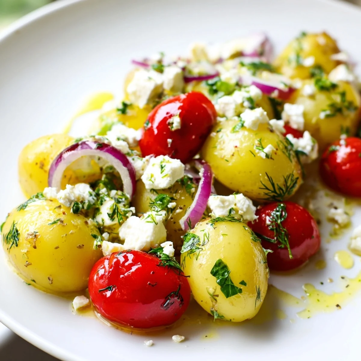 Warm potato and feta salad drizzled with lemon herb dressing in a bowl