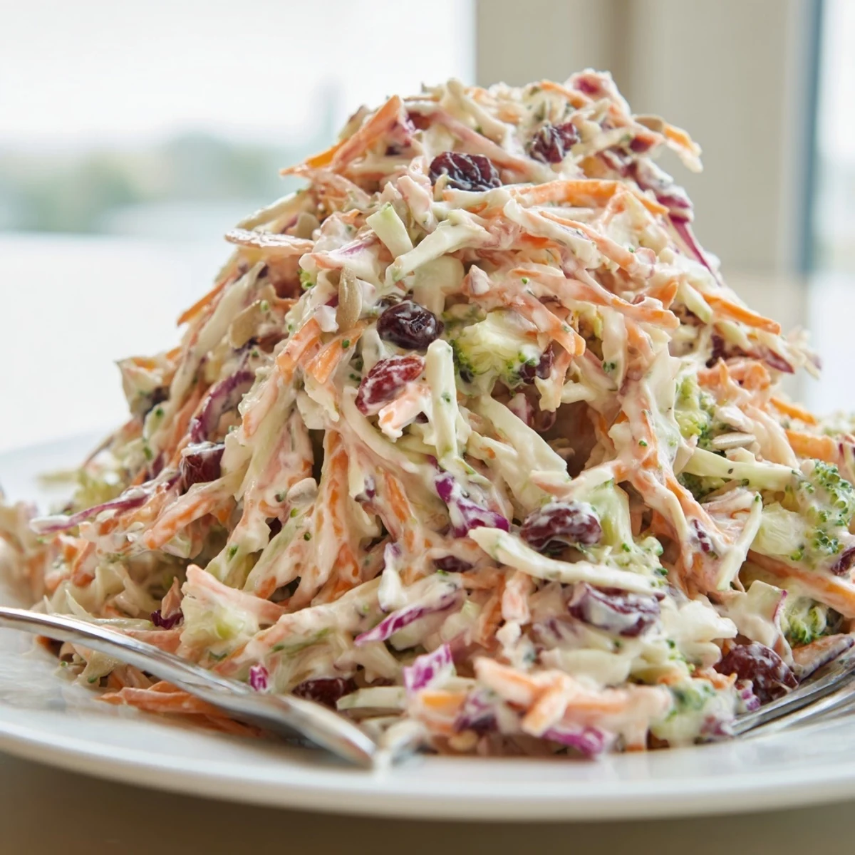 Vibrant broccoli slaw in a creamy bowl topped with dried cranberries and crunchy almonds