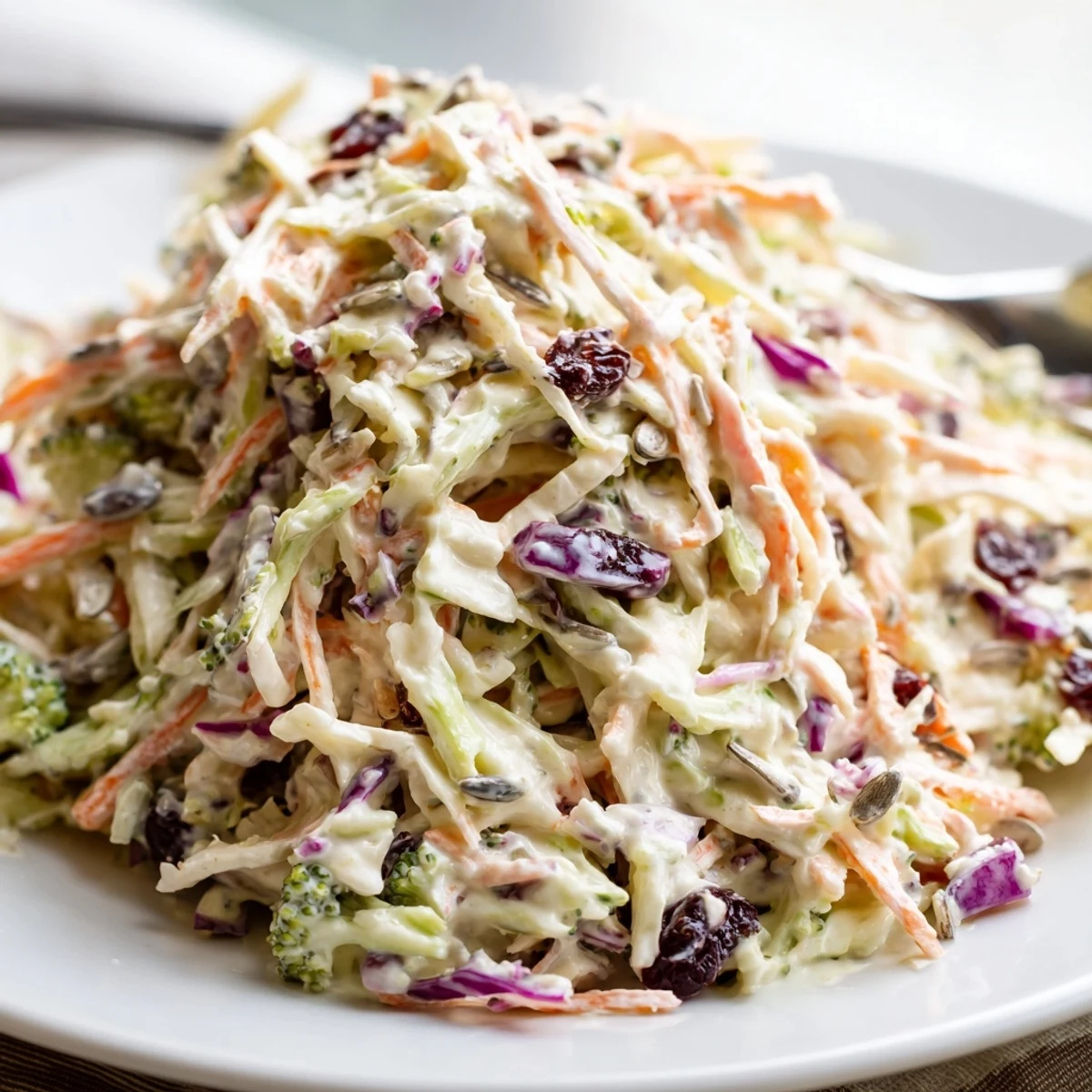 Crunchy broccoli slaw tossed in creamy tangy dressing with cranberries and sunflower seeds