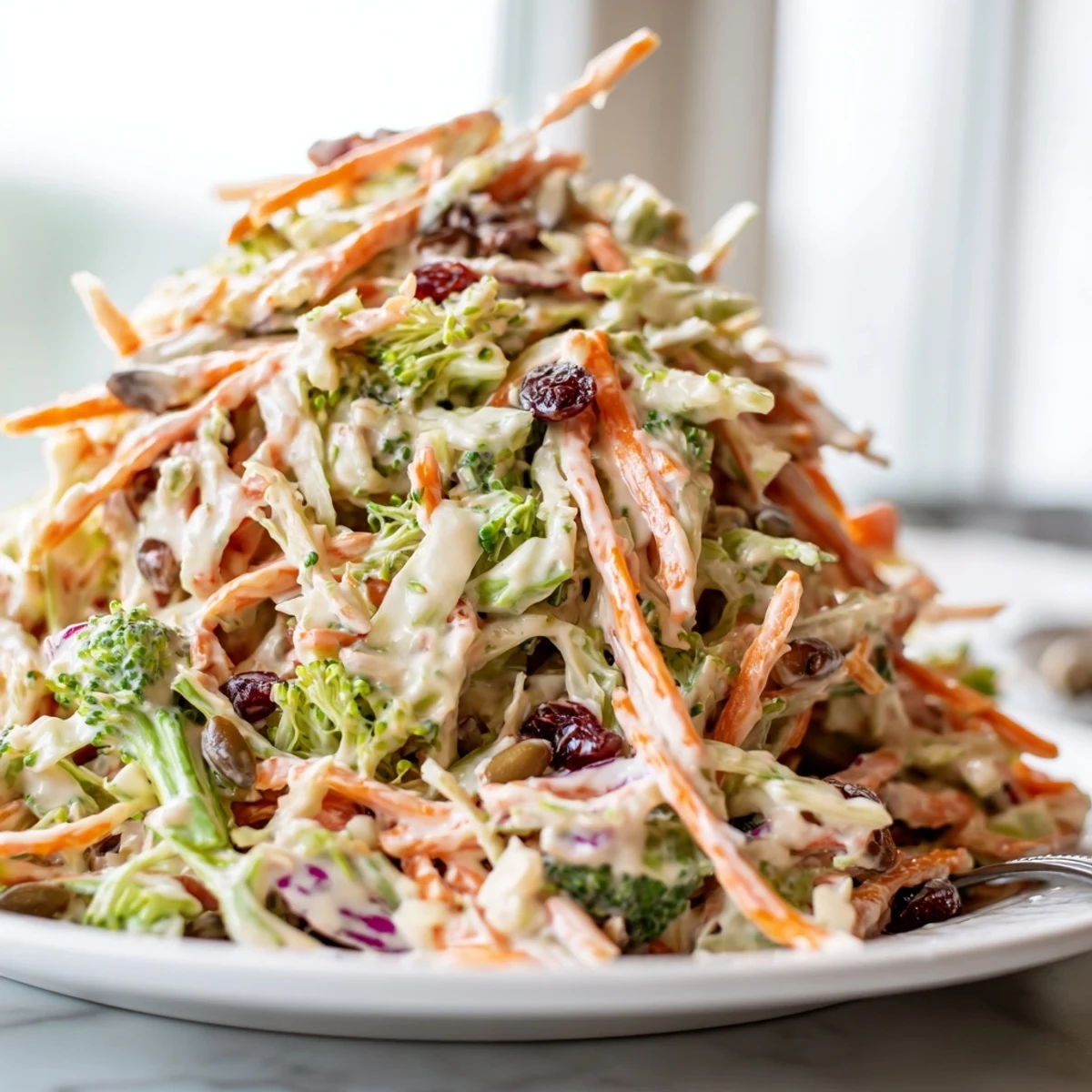 Fresh broccoli slaw with shredded carrots and red cabbage drizzled with smooth honey mustard dressing