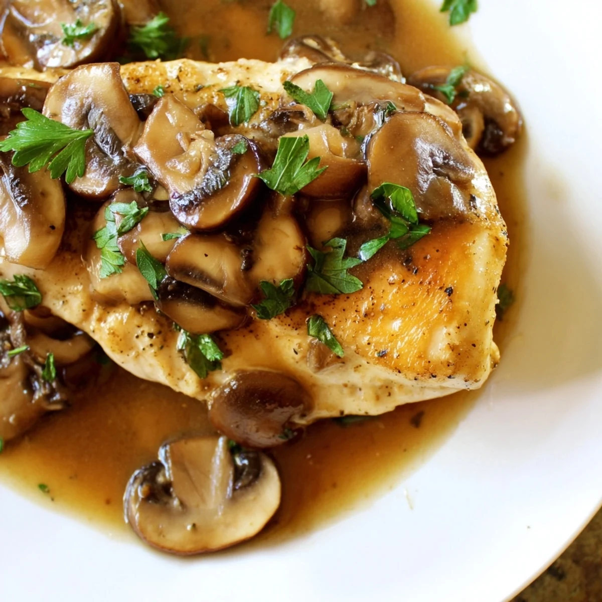 Tender pan-seared Chicken Marsala topped with savory mushrooms and fresh parsley