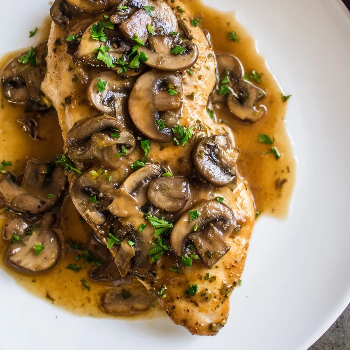 Creamy dairy-free Chicken Marsala simmering in a skillet with golden browned mushrooms