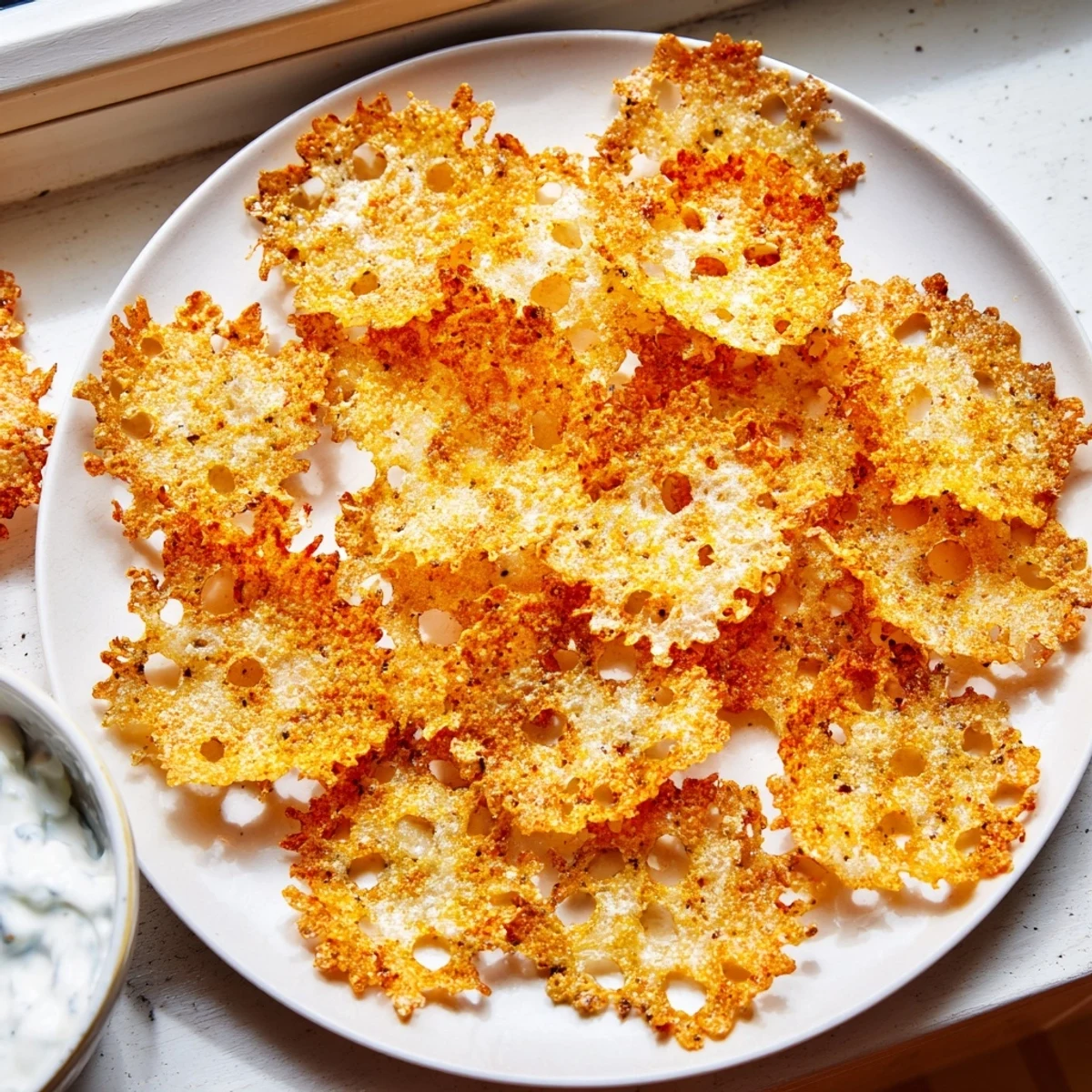 Golden crispy cottage cheese chips arranged on parchment with smoky seasoning