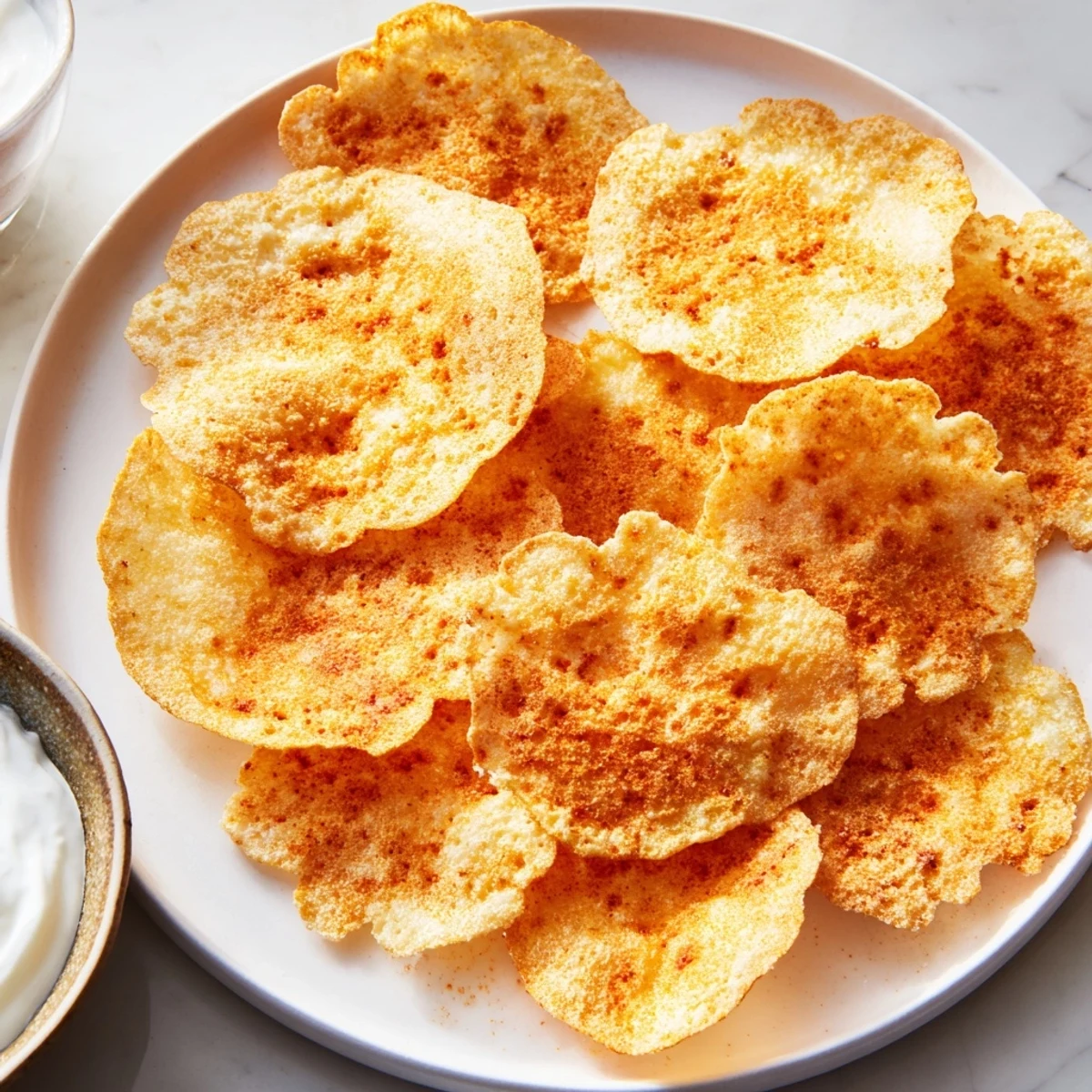 Crunchy golden cottage cheese chips fresh from the oven on parchment