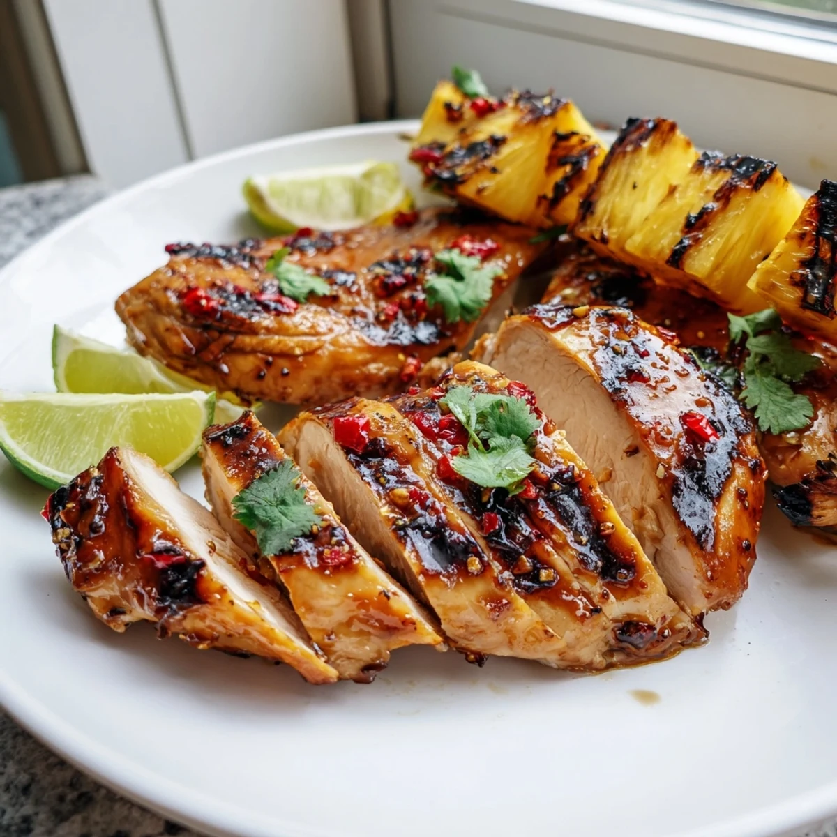 Juicy Chili Pineapple Grilled Chicken with charred pineapple chunks on a rustic platter