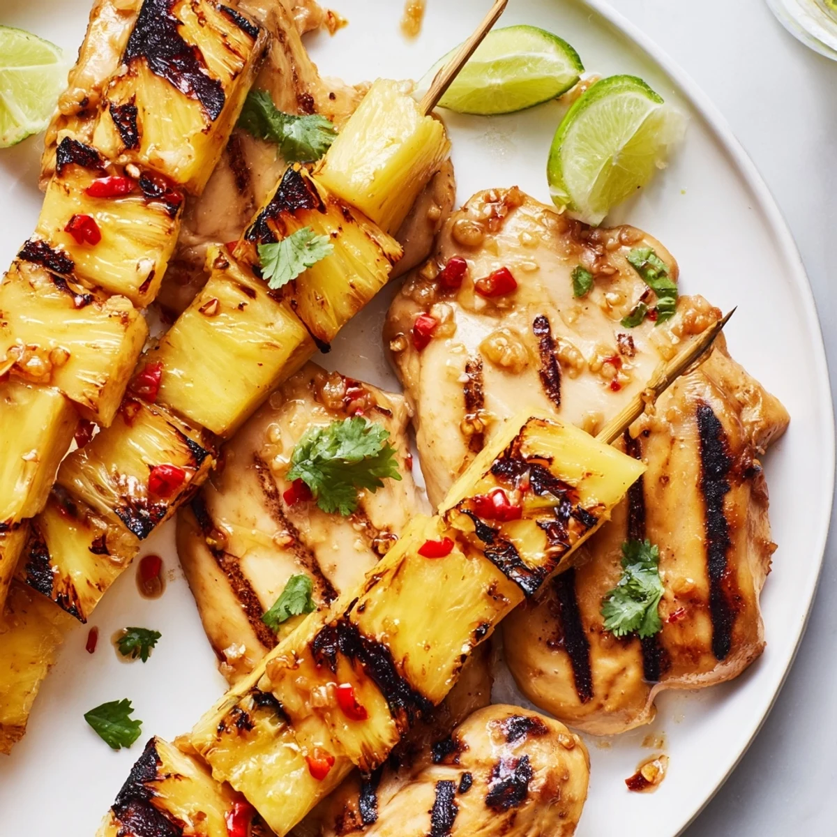 Golden Chili Pineapple Grilled Chicken sliced open revealing tender meat beside caramelized fruit skewers