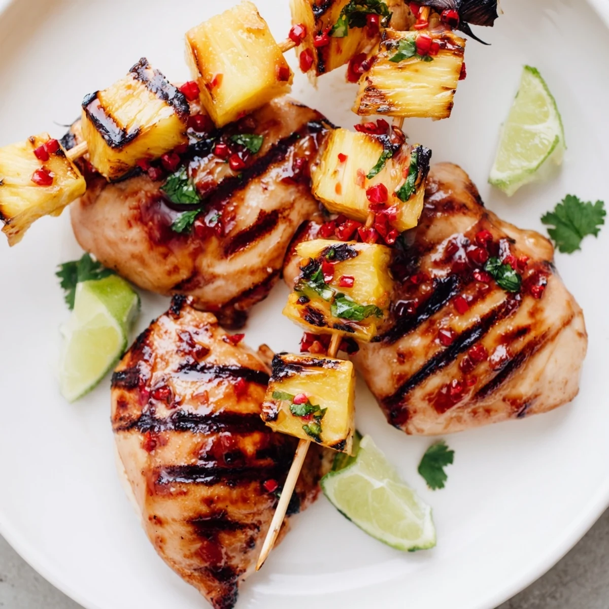 Spicy-sweet Chili Pineapple Grilled Chicken garnished with fresh cilantro and bright lime wedges