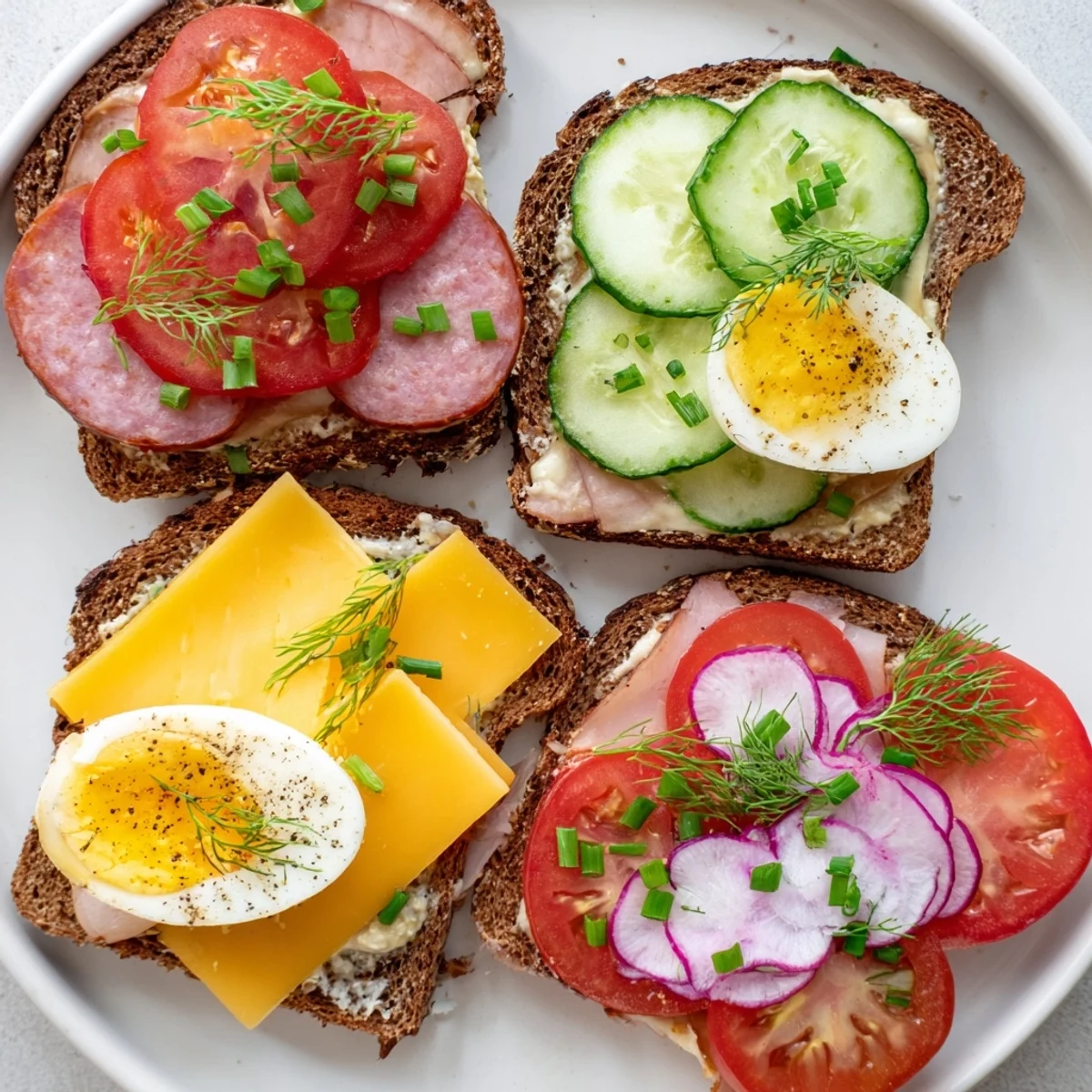 Colorful kanapki arranged on a wooden board with sliced radishes, cucumber, and dill