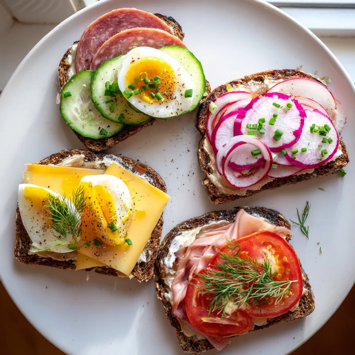 Open Faced Polish Sandwiches topped with fresh veggies, kielbasa, and herbs on rye bread
