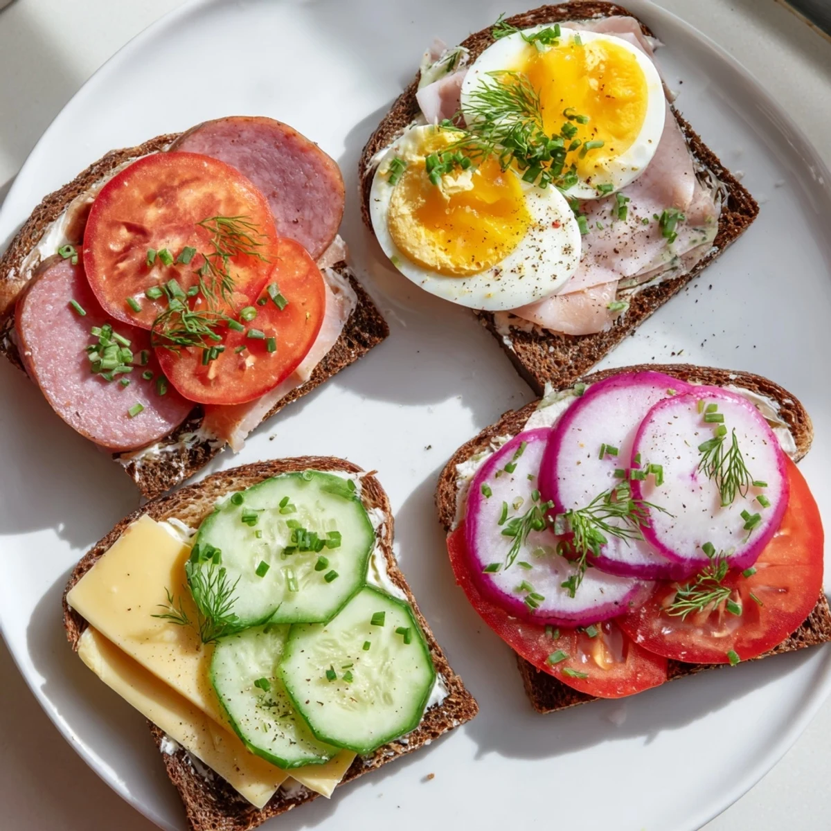Crispy rye slices layered with cheese, egg, tomato, and chives for open faced Polish sandwiches