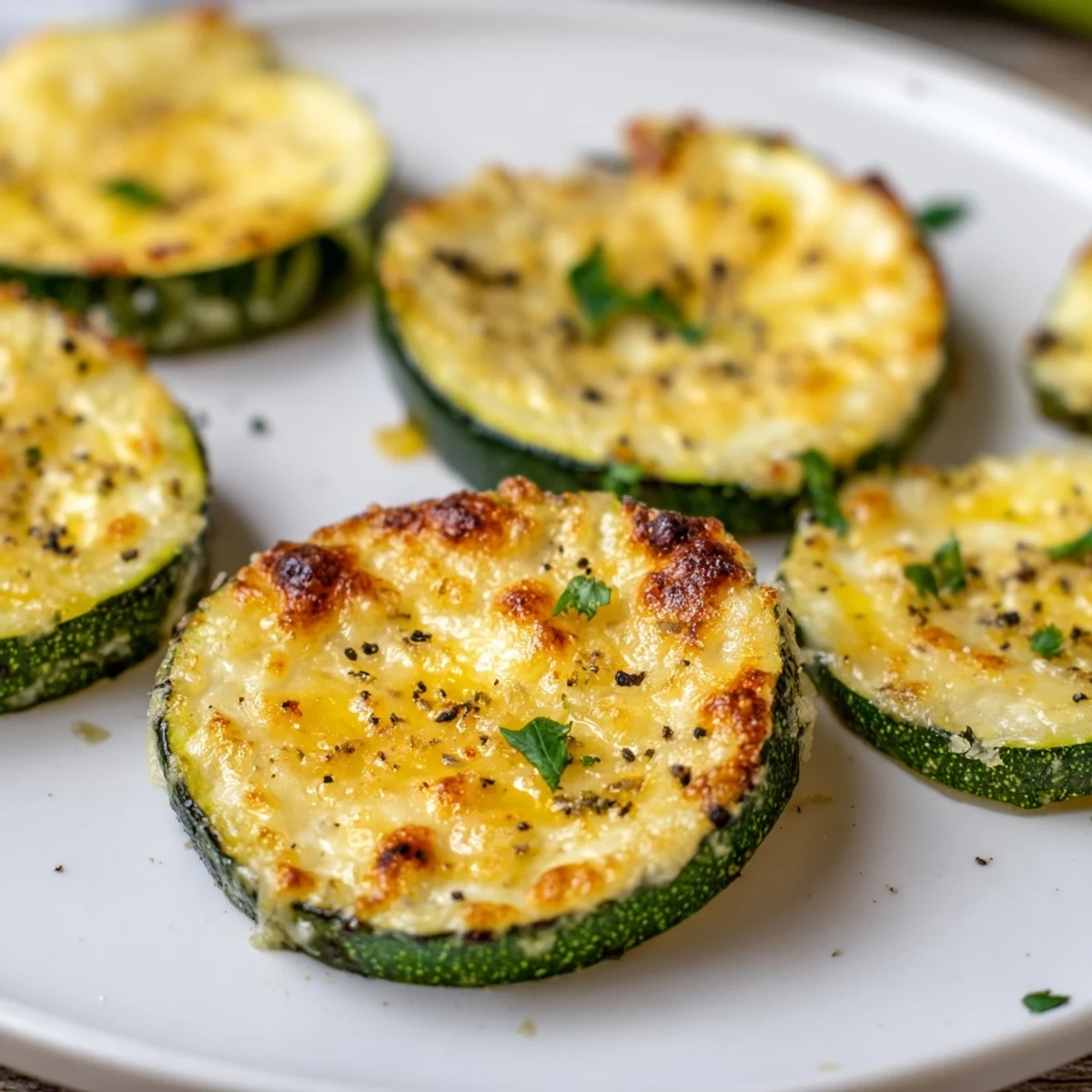 Tender zucchini slices glistening with olive oil and melted Parmesan cheese