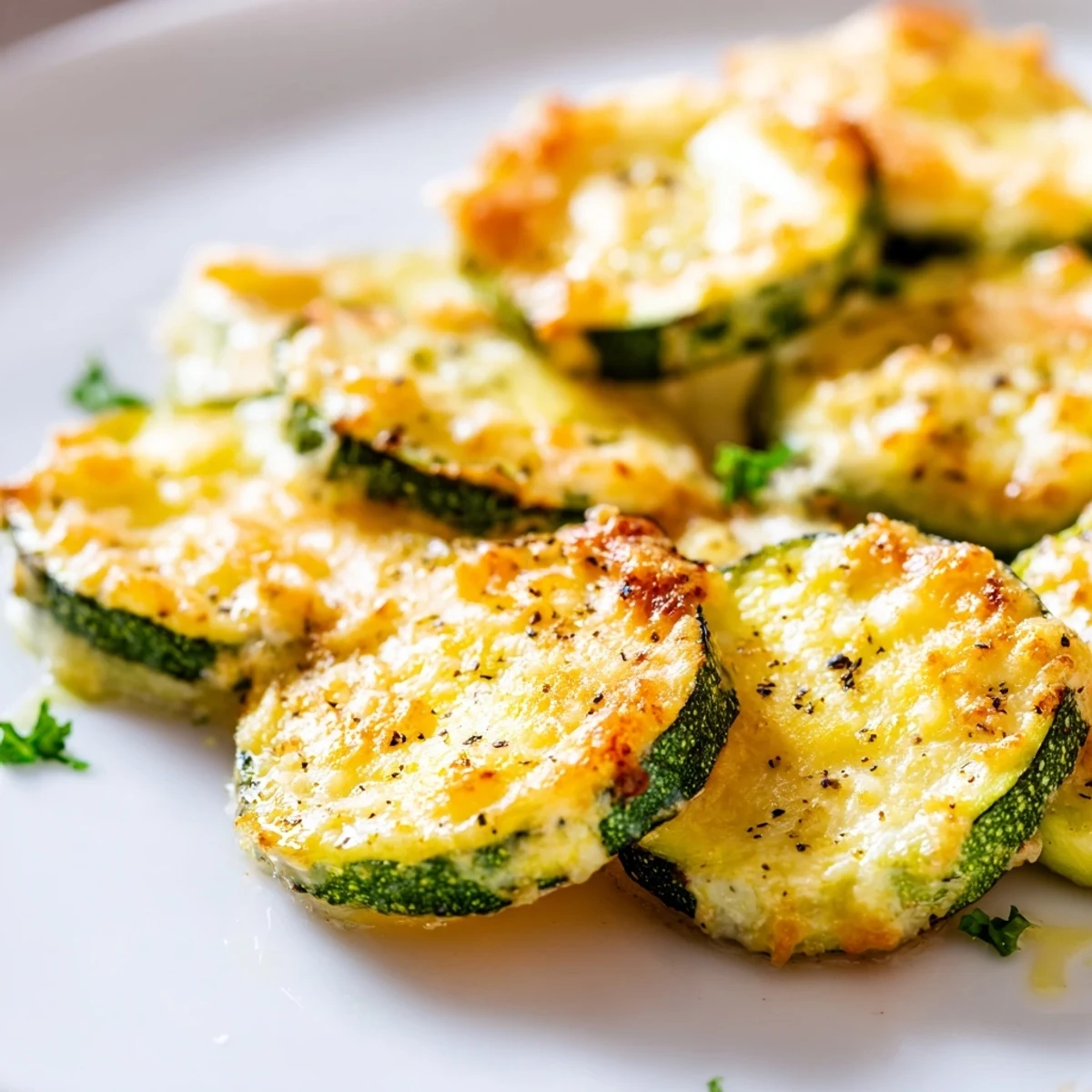 Golden Parmesan-crusted lemon pepper zucchini rounds fresh from the oven