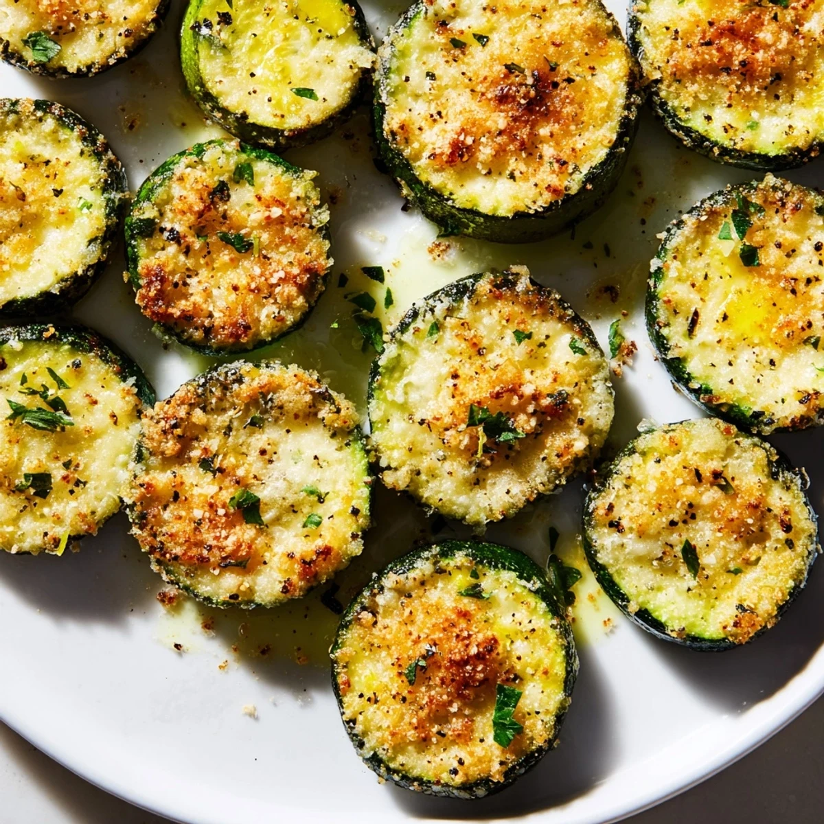 Zesty lemon pepper and Parmesan zucchini arranged on a white serving platter