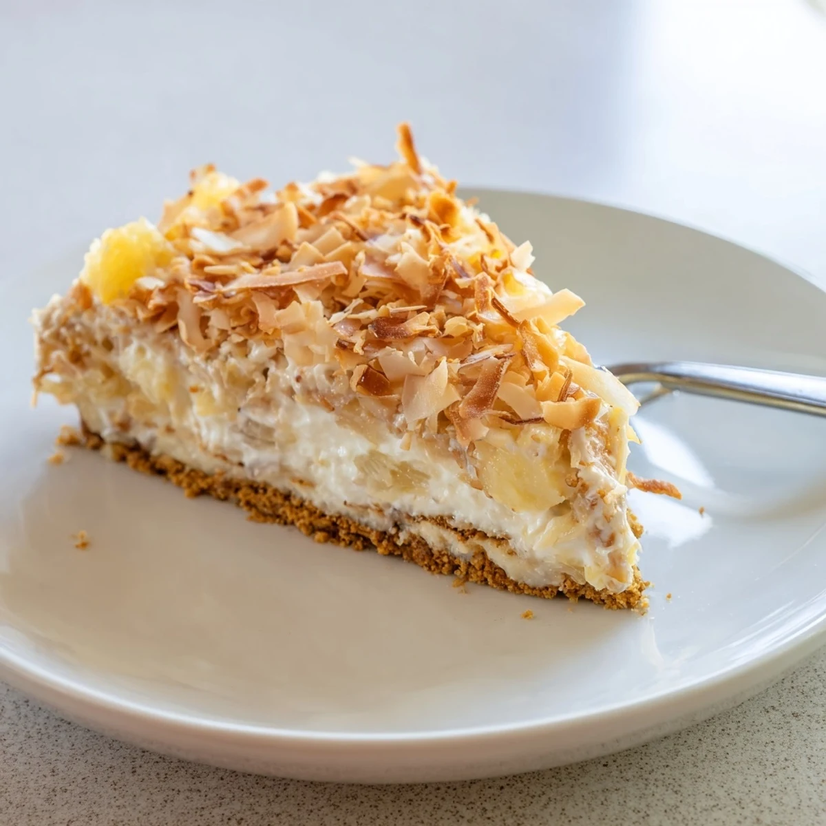 Chilled no bake pineapple coconut cream cake with juicy pineapple chunks on a graham cracker crust