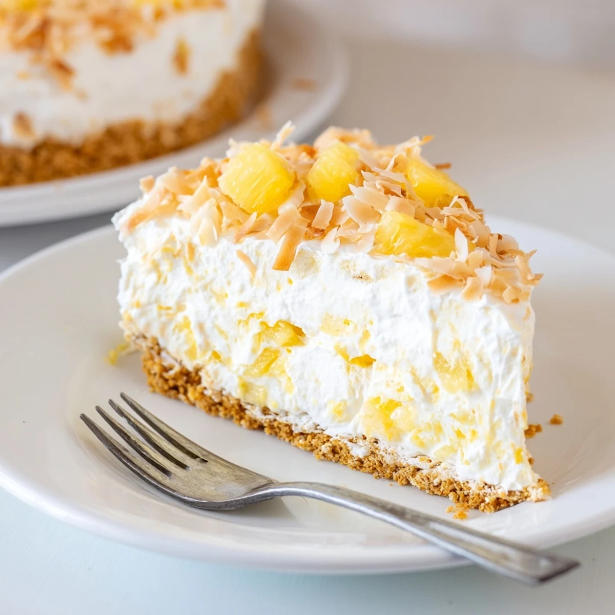 Creamy no bake pineapple coconut cream cake sliced and topped with golden toasted coconut flakes