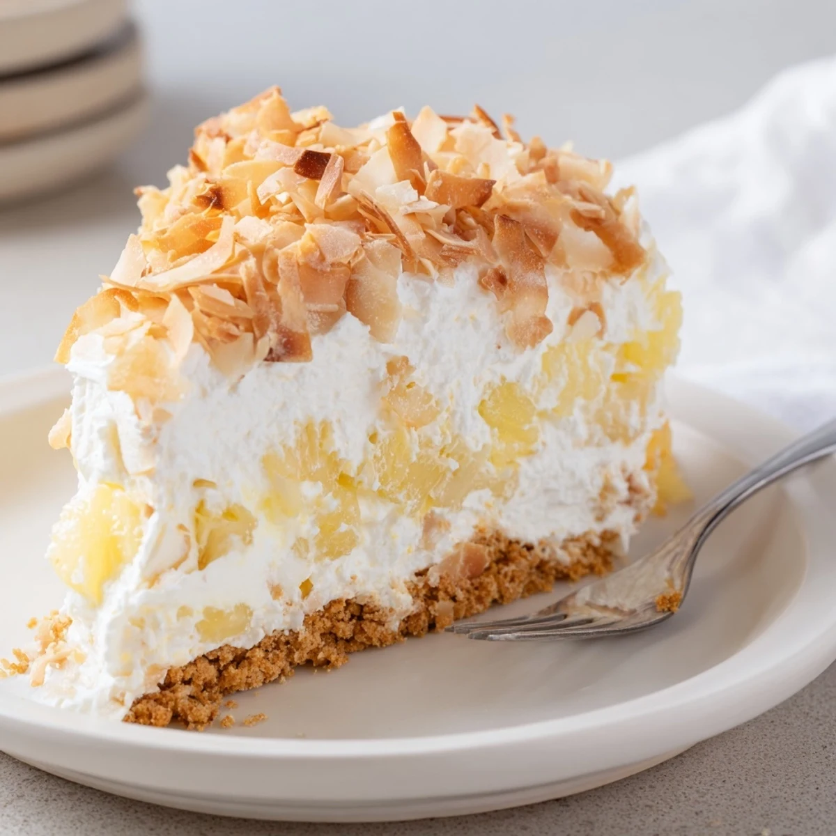 Tall slice of no bake pineapple coconut cream cake garnished with fresh pineapple and coconut shavings