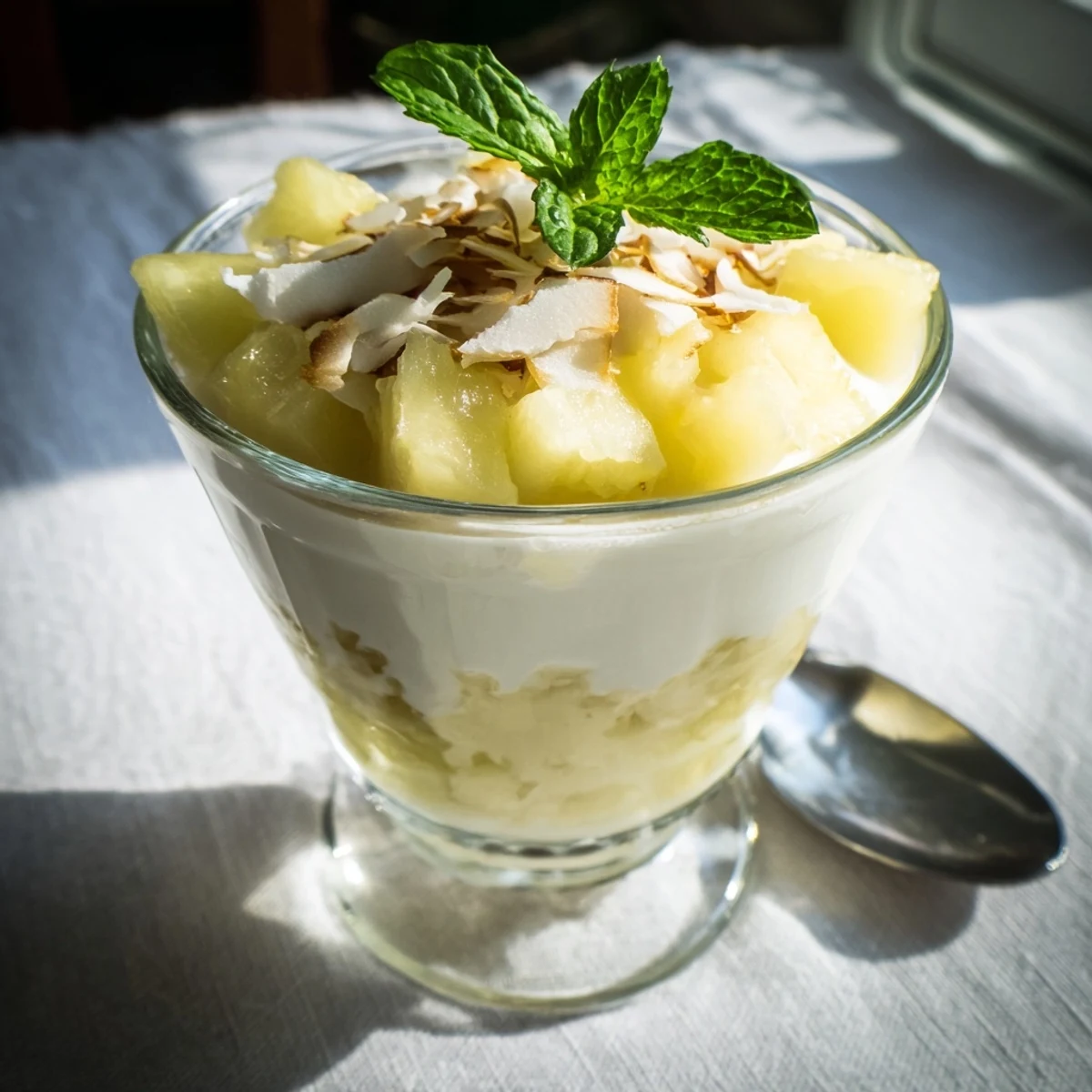 Creamy mini pineapple condensed coconut milk cups topped with toasted coconut flakes and mint