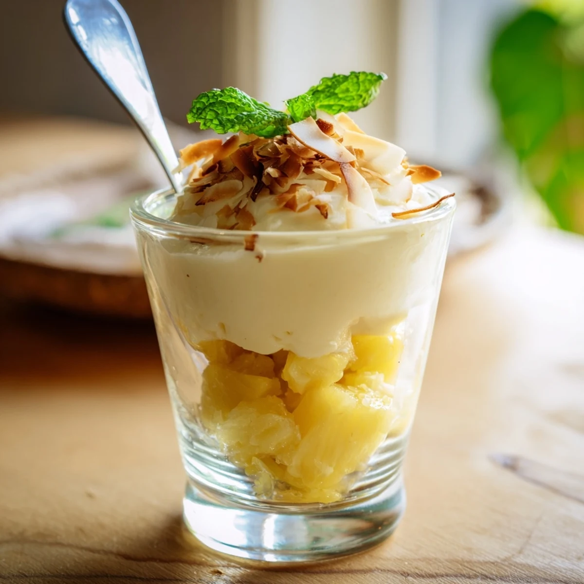 Layered mini pineapple condensed coconut milk parfaits drizzled with maple syrup and fresh garnish