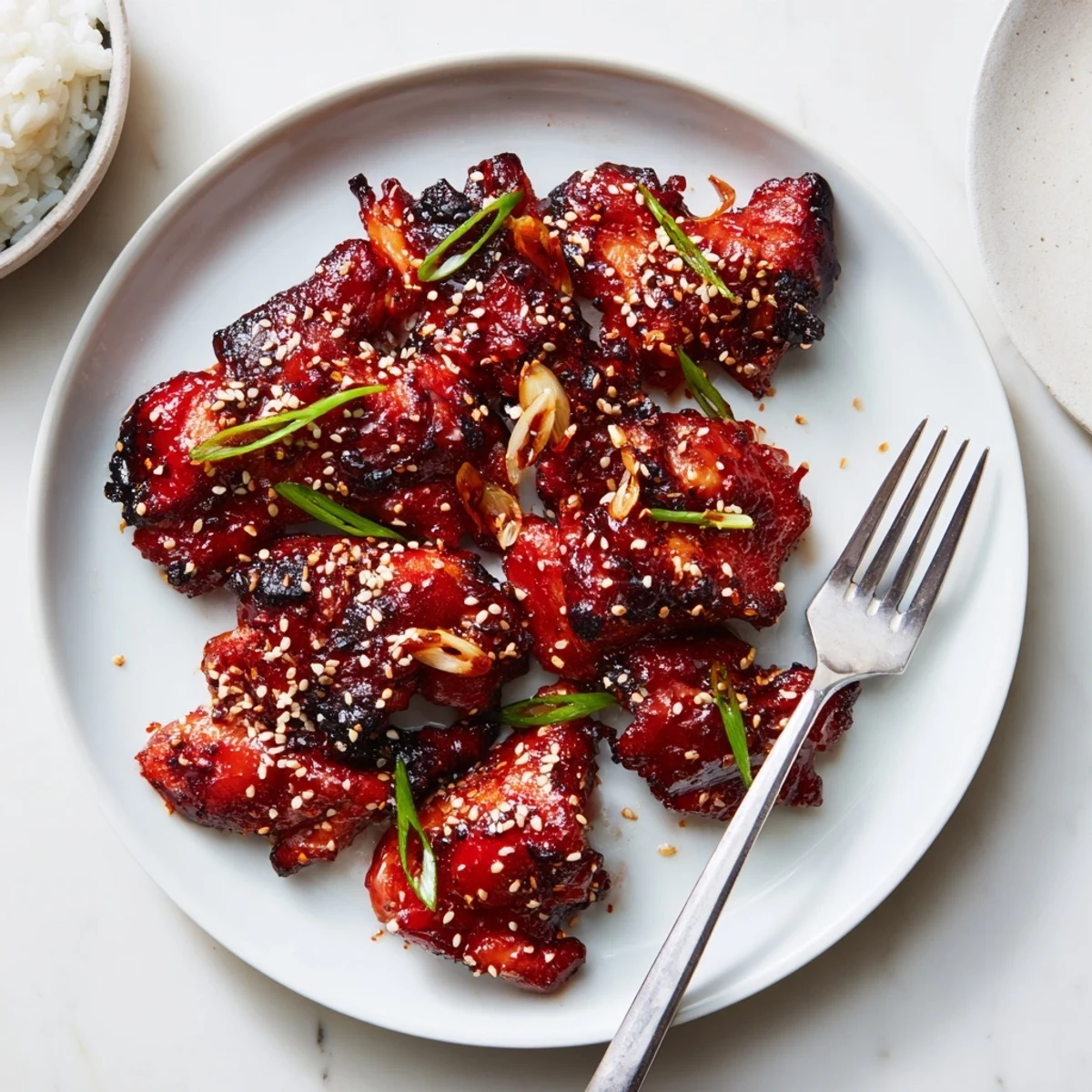 Gochujang chicken glistening with sticky red glaze, sprinkled with sesame seeds and sliced scallions.