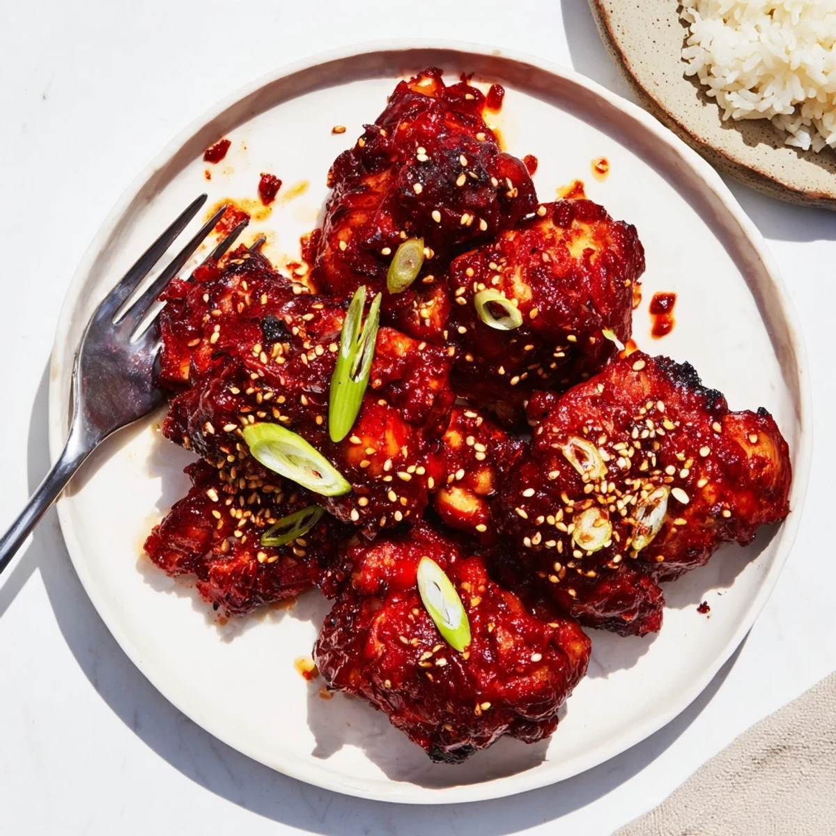 Caramelized gochujang chicken served over steamed white rice in a dark cast-iron skillet.