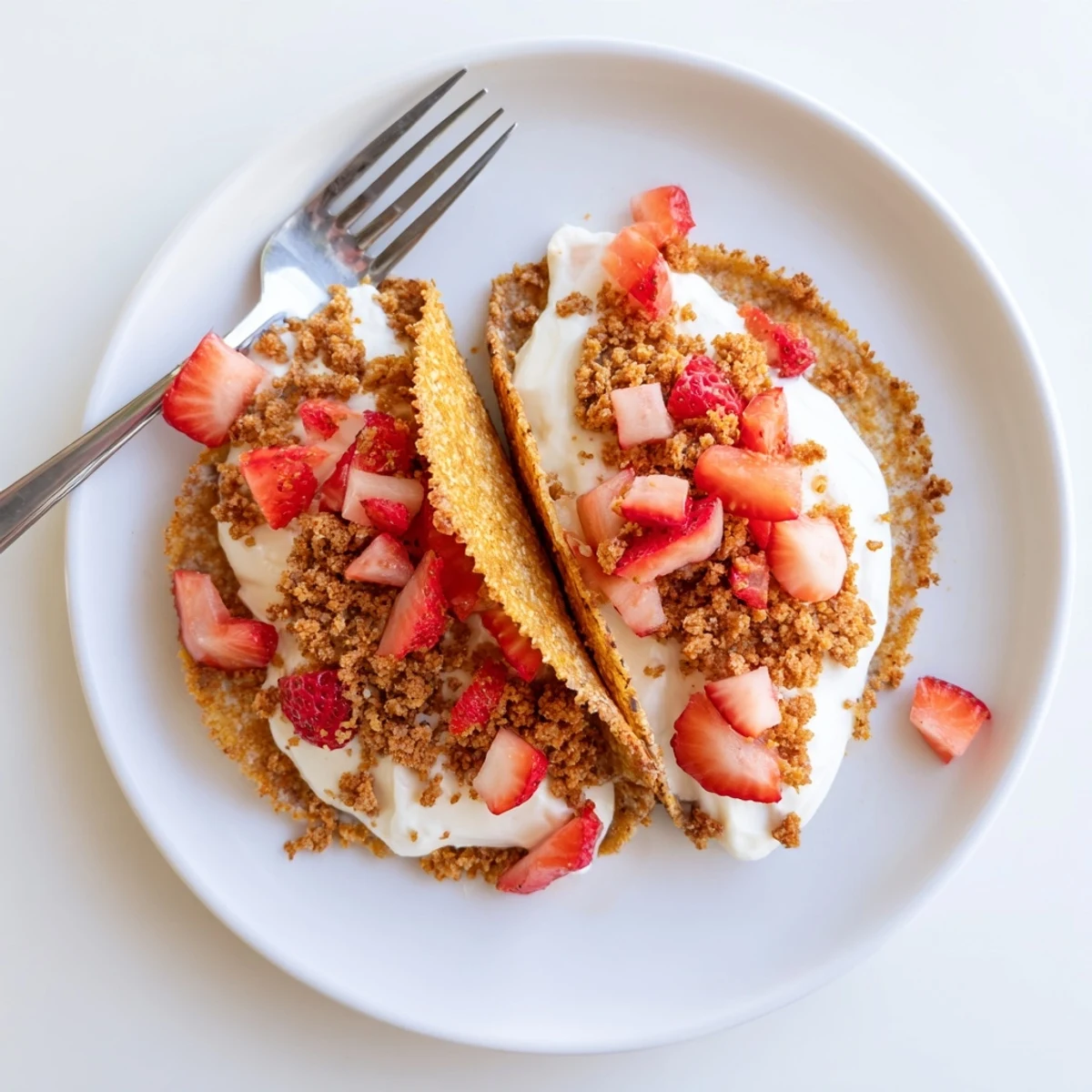 Crispy cinnamon-sugar taco shells filled with creamy strawberry crunch cheesecake tacos topped with diced berries